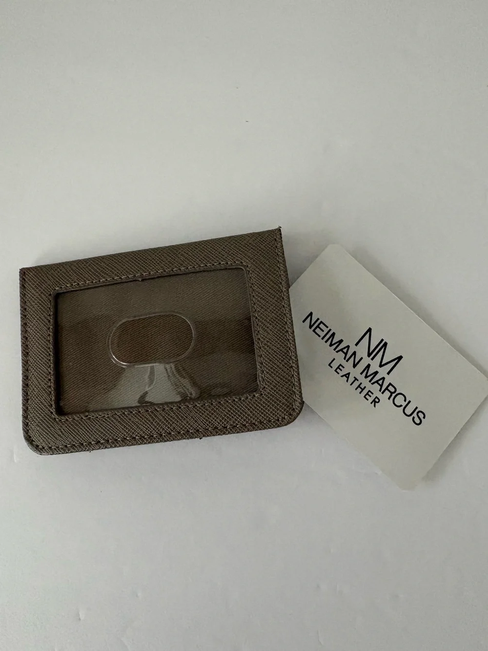 Neiman Marcus Saffiano Leather Slim Card Case  ID Holder Taupe Grey New